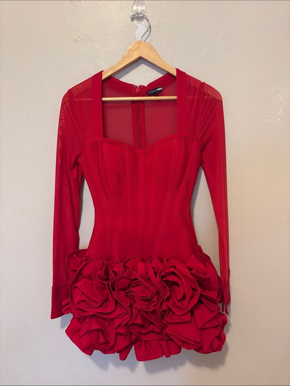 Fashion Nova Red Long Sleeve Ruffle Hem Mini Dress with Sweetheart Neckline